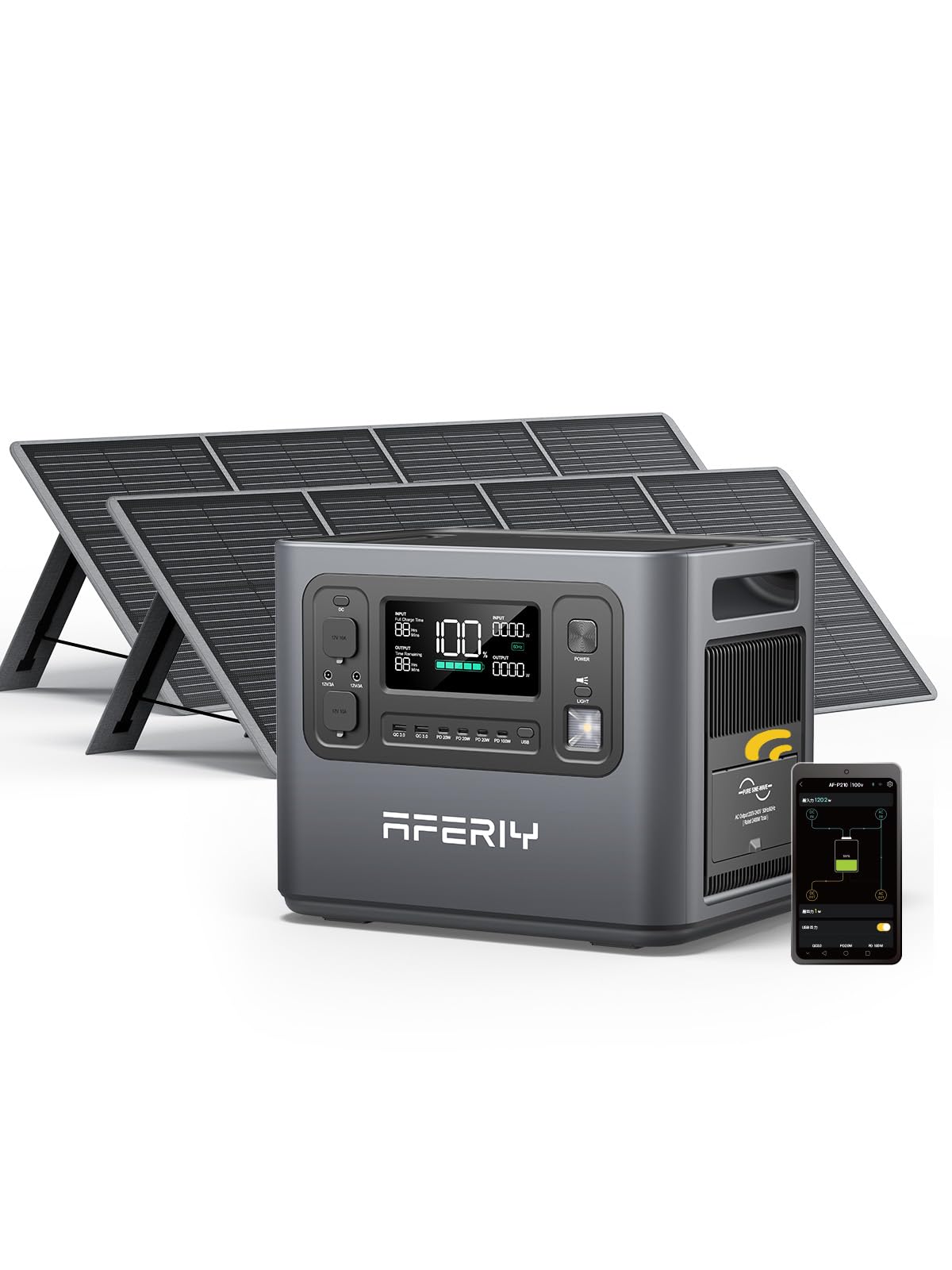 AFERIY Solar Generator P210 with 2pcs 200W Solar Panel | 2400W Portable Power Station 2048Wh | AC Output with 120V,2400W,Solar G