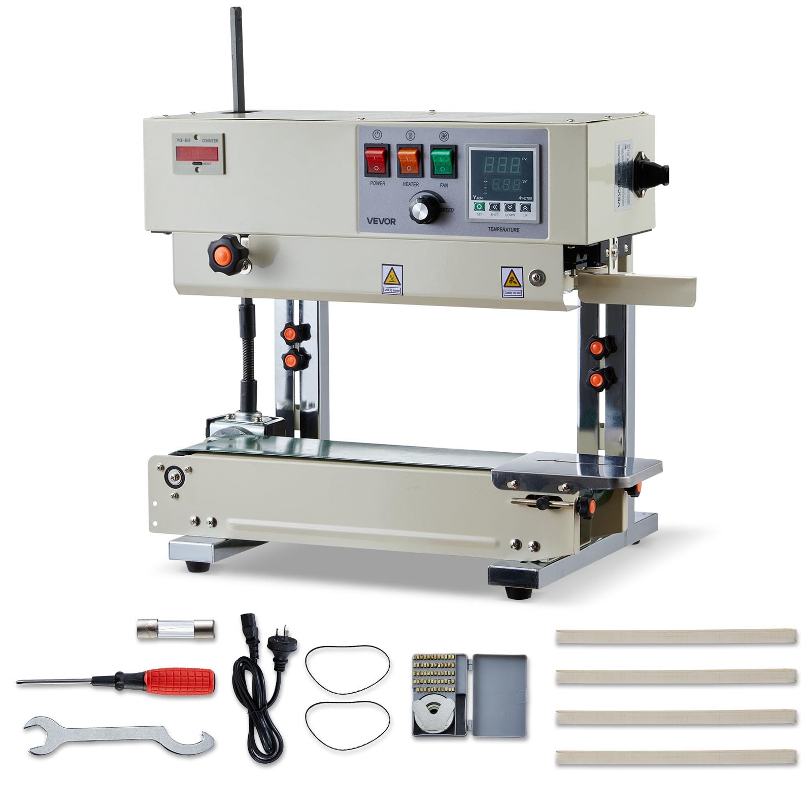 VEVOR Continuous Bag Band Sealing Machine, 0.24-0.47 in Seal Width, Vertical Band Sealer Machine with Roller Printing, Temp & Sp