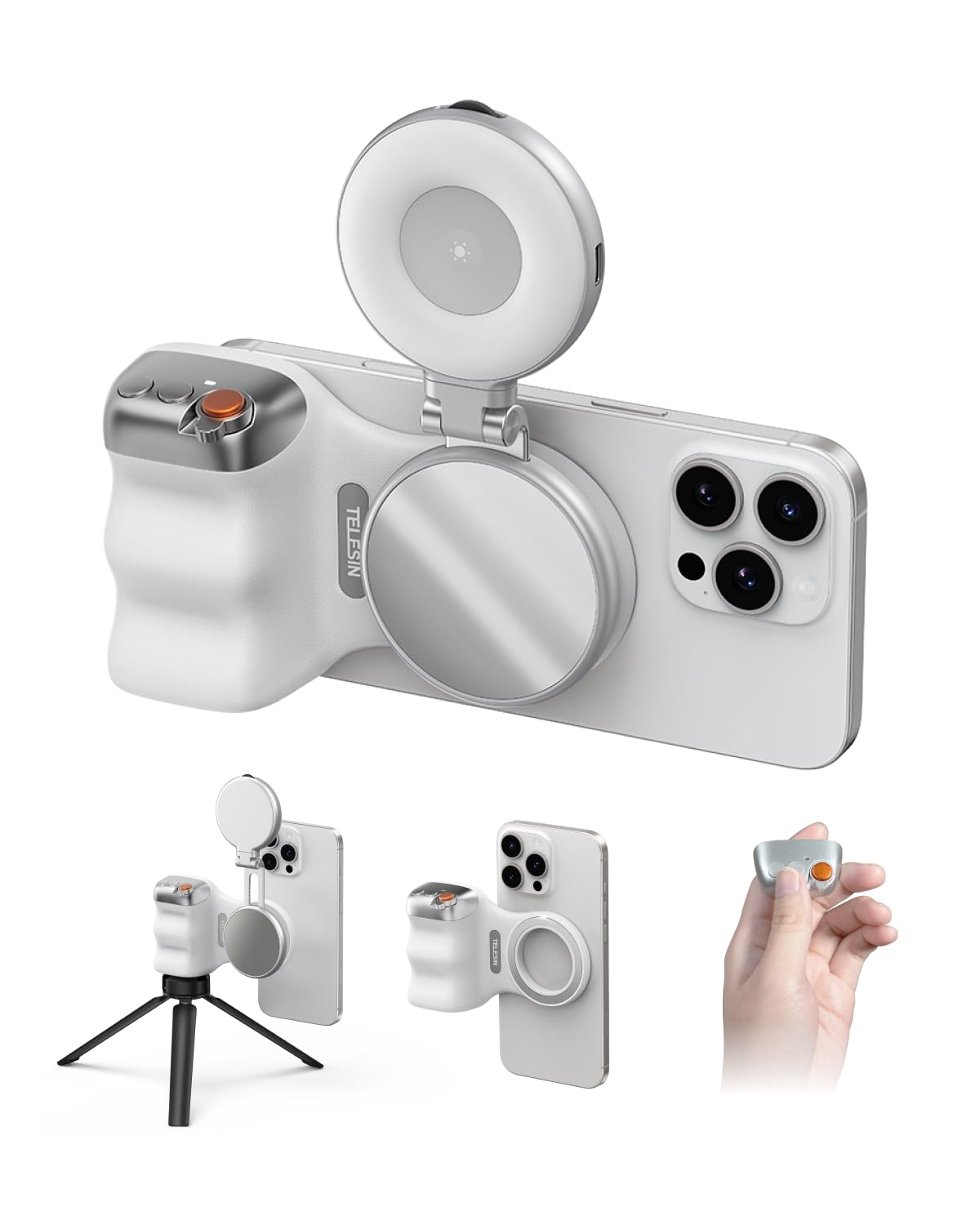 Telesin Fun Shot Magnetic Phone Camera Grip + C03 Magnetic Selfie Light (Silver) Bundle Kit Compatible With Iphone Magsafe & And
