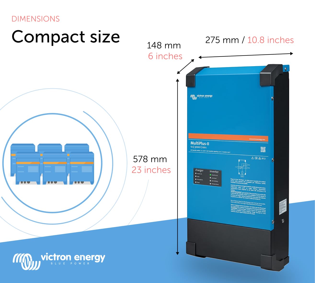 Victron Energy Multiplus-Ii 2X Pure Sine Wave Inverter Charger For 120 Amp Battery, 120V, 3000Va 12-Volt