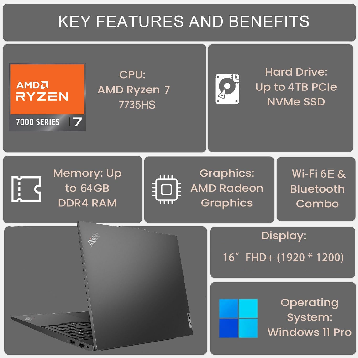 Lenovo Thinkpad E16 G2 Business Laptop Computer, 16Gb Ddr5 Ram, 1Tb Pcie Ssd, Amd 8-Core Ryzen 7 7735Hs (Beat I7-1360P), 16 Fhd+