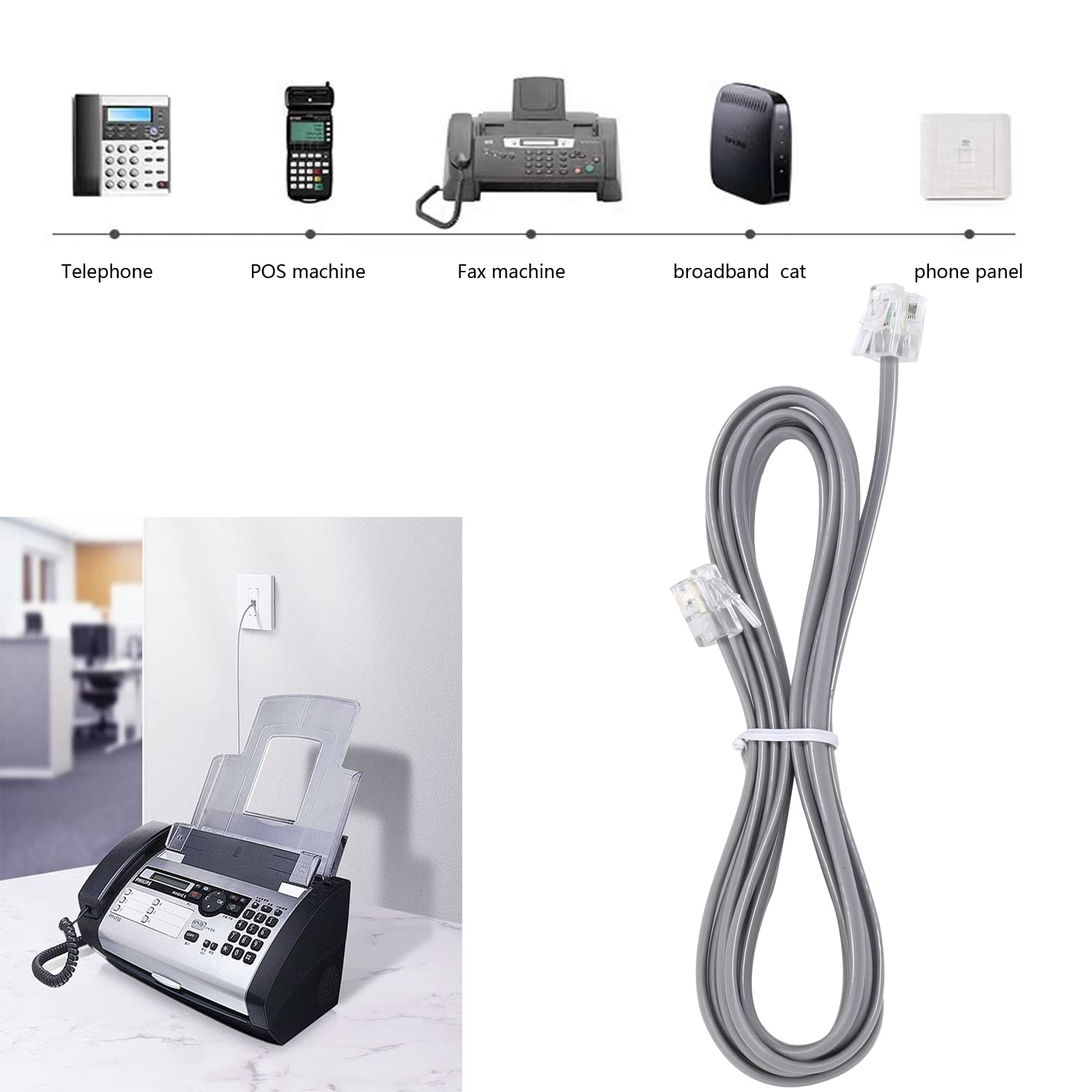 Lansensu Telephone Landline Extension Cord Cable Cord With Standard Rj 11 6P4C Plug (6Ft 3Pack Silver, Silver)