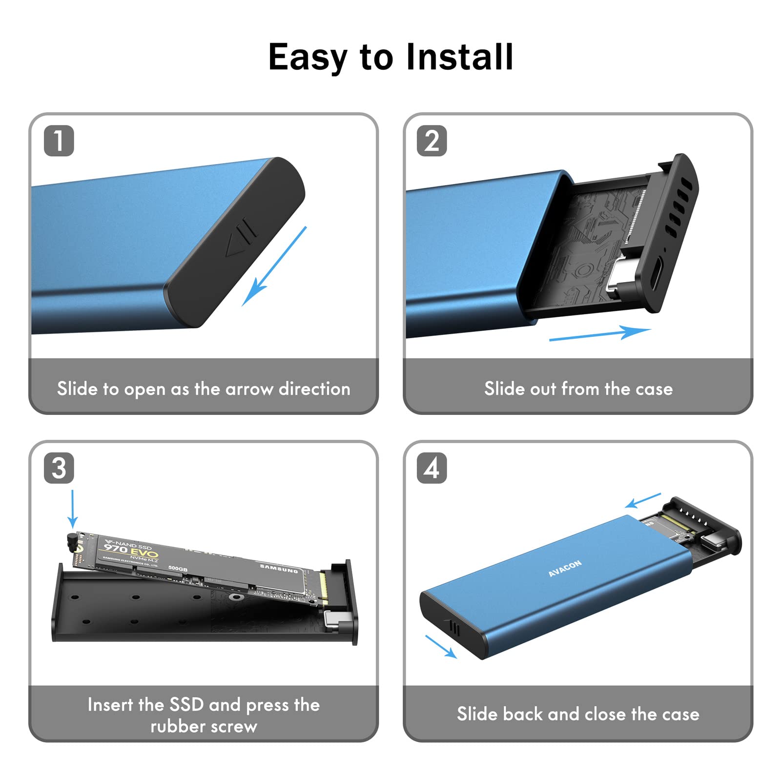 Avacon M.2 Nvme Enclosure, Tool Free 10Gbps Usb 3.2 Gen 2 M.2 Enclosure For Nvme Pcie M Key M+Bkey Ssd In 2230/2242/2260/2280, W