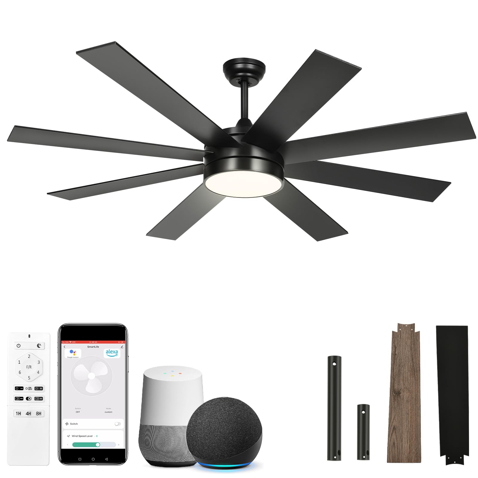 YITAHOME 60 Inch Black Ceiling Fan with Lights and Remote,8 Blades,App Control, Modern Smart Ceiling Fan Compatible with Alexa f