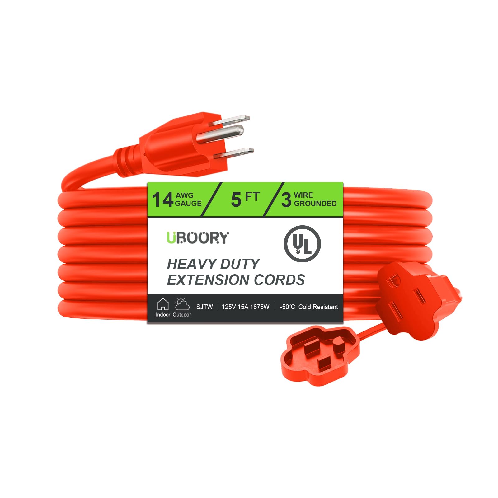 Uboory Outdoor Extension Cord Waterproof 5 Ft, Orange 14/3 Sjtw Heavy Duty, Flexible 100% Copper 3 Prong Extension Cord For Lawn