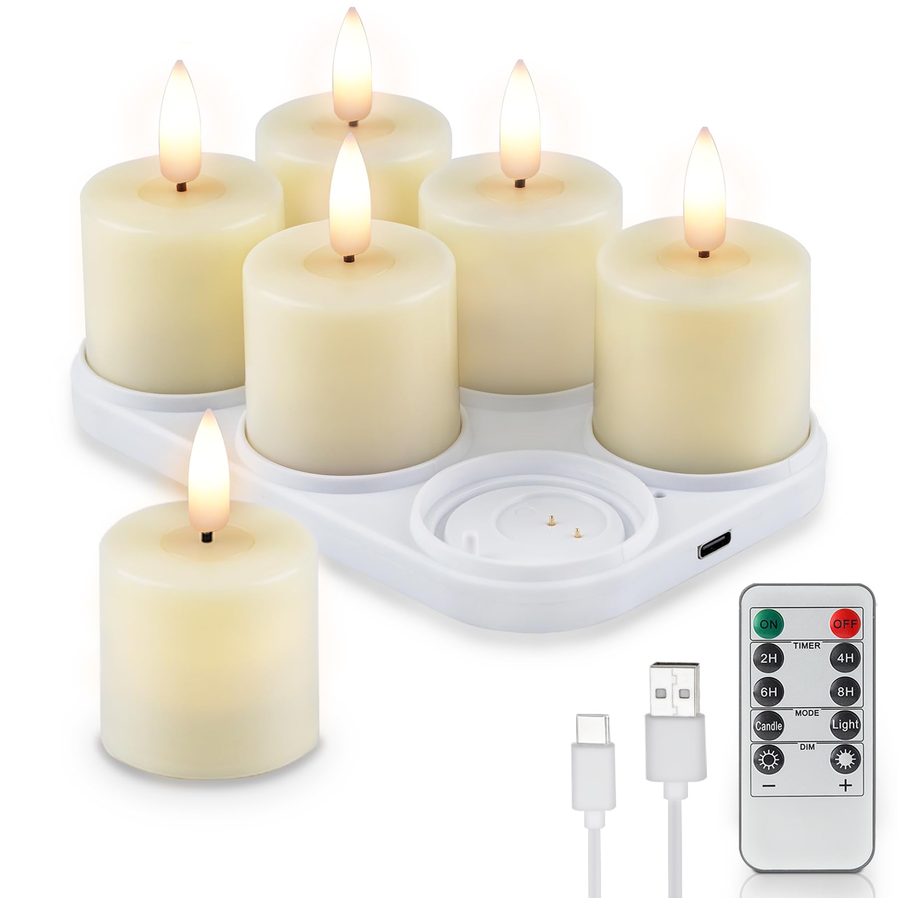 Rhytsing 6 Rechargeable Flameless Votive Candles With Timer For Home Decor, Led Faux Battery Operated Tealight Candles With Char