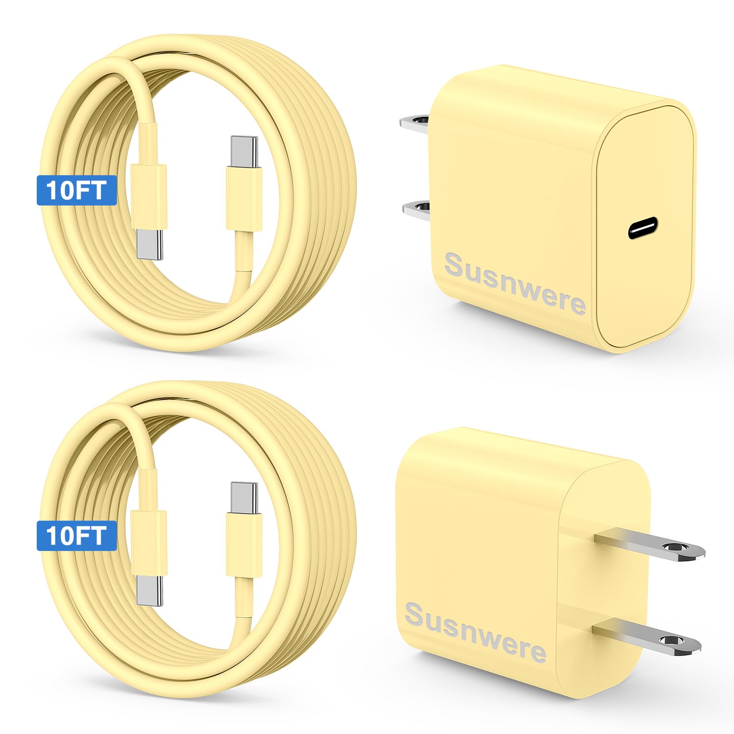 Susnwere Iphone 15 Charger 10 Ft With 20W Usb C Charger Block,2 Pack 20W Fast Wall Charger For 15/15 Pro/Pro Max/Ipad Pro Airpods/Samsung And More, With 2 Pack 10Ft Usb C Cable, Yellow