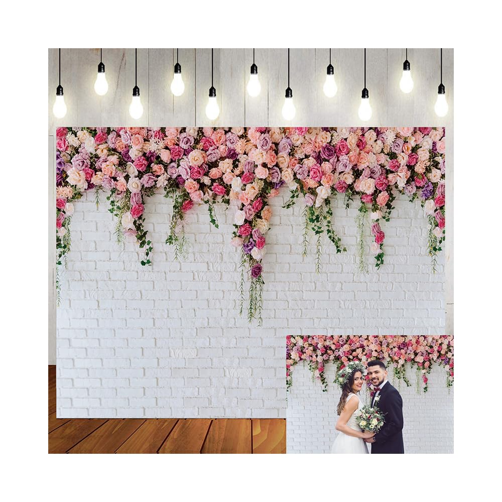 Ltlyh 10X10Ft White Brick Wall Flowers Background Spring Theme Photography Backdrop For Mother'S Day Valentine Wedding Bridal Ba