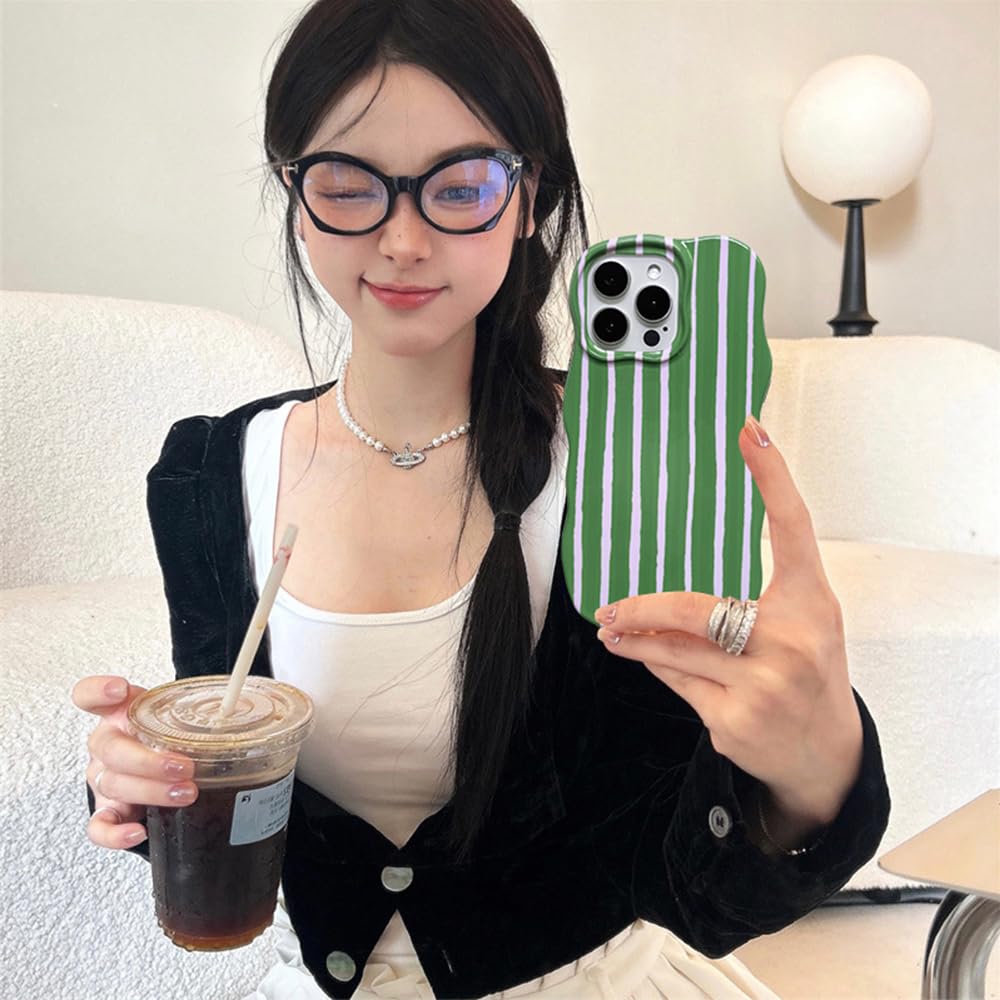 Xqagu For Iphone 15 Pro Case Striped Cute Aesthetic Stylish Trendy Wave Protective Phone Case Durable Shockproof-Green