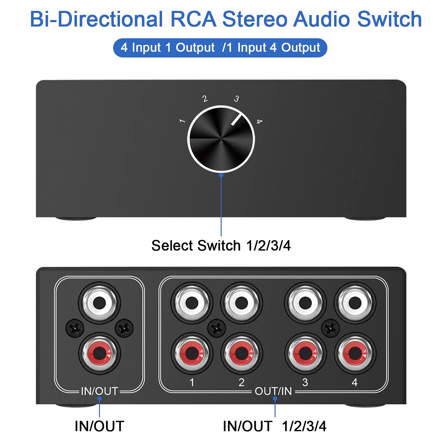 Dingsun Bi Directional 4 Way Rca Stereo Audio Switch Dignsun Audio Signal Source Switcher Selector Splitter Box For Cd, Dvd, Blu