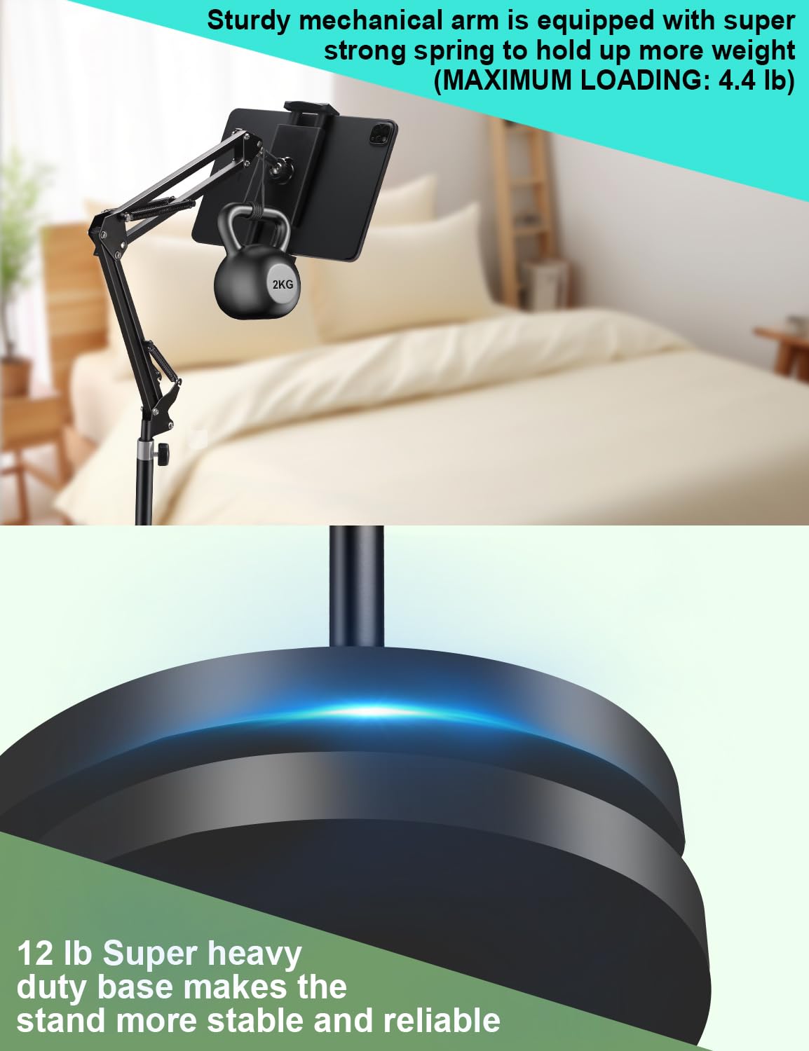 Tablet Floor Stand, Overhead Bed Phone Stand Angle/Height Adjustable &12 Lb Super Stable Base, E Books Stand Compatible With Iph