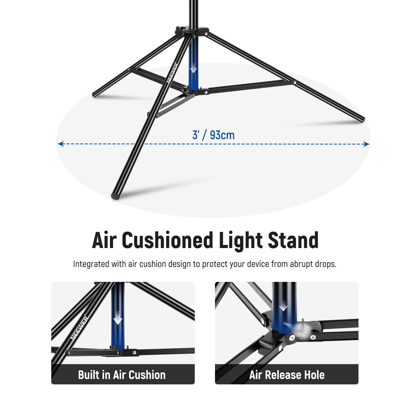 Neewer Air Cushioned Aluminum Light Stand, 9.8Ft/3M Adjustable Photography Stand With Boom Arm, Counterweight, Sandbag, 1/4 Scre