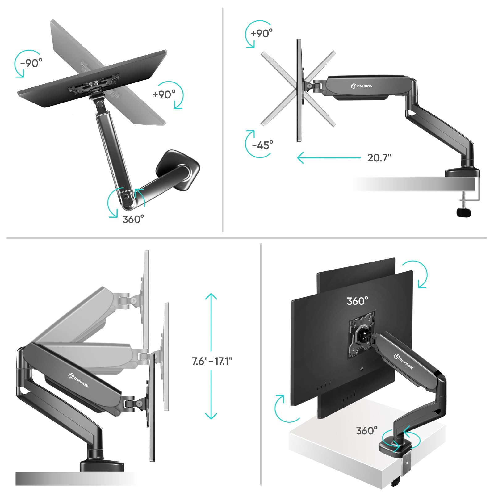 Onkron Single Monitor Desk Mount Arm For 13 32 Inch Screen Up To 17.6 Lbs, Gas Spring Monitor Arm For Desktop 75X75 / 100X100 Ve