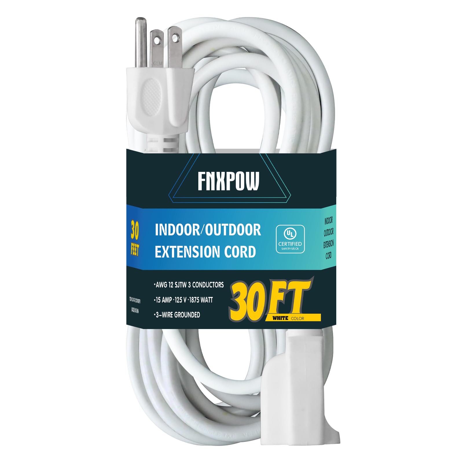 Fnxpow Indoor Outdoor Extension Cord, 12 Gauge 3 Prong Weatherproof Heavy Duty White Extension Cords,12/3 Sjtw 15A 30 Ft Extensi
