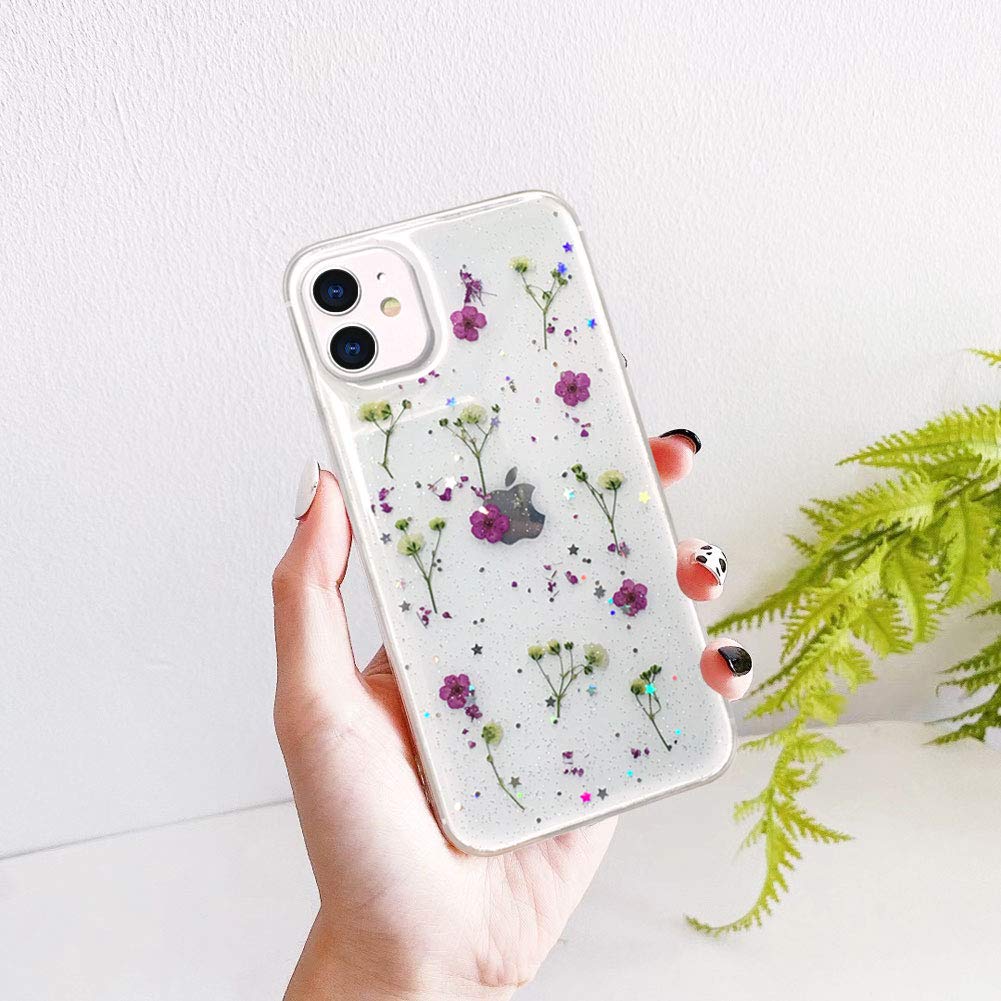 Abbery Designed For Iphone 11 Pressed Flower Case, Cute Bling Glitter Sparkle Clear With Design Soft Silicone Tpu Rubber Dried R