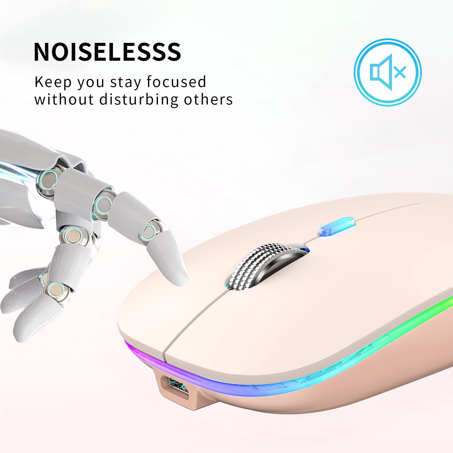 Tenmos Wireless Bluetooth Mouse, Led Slim (Bluetooth 5.1 + Usb) 2.4Ghz Rechargeable Silent Bluetooth Wireless Mouse With Type C Adapter For Laptop/Macbook/Ipad Os 13 And Above   Light Pink