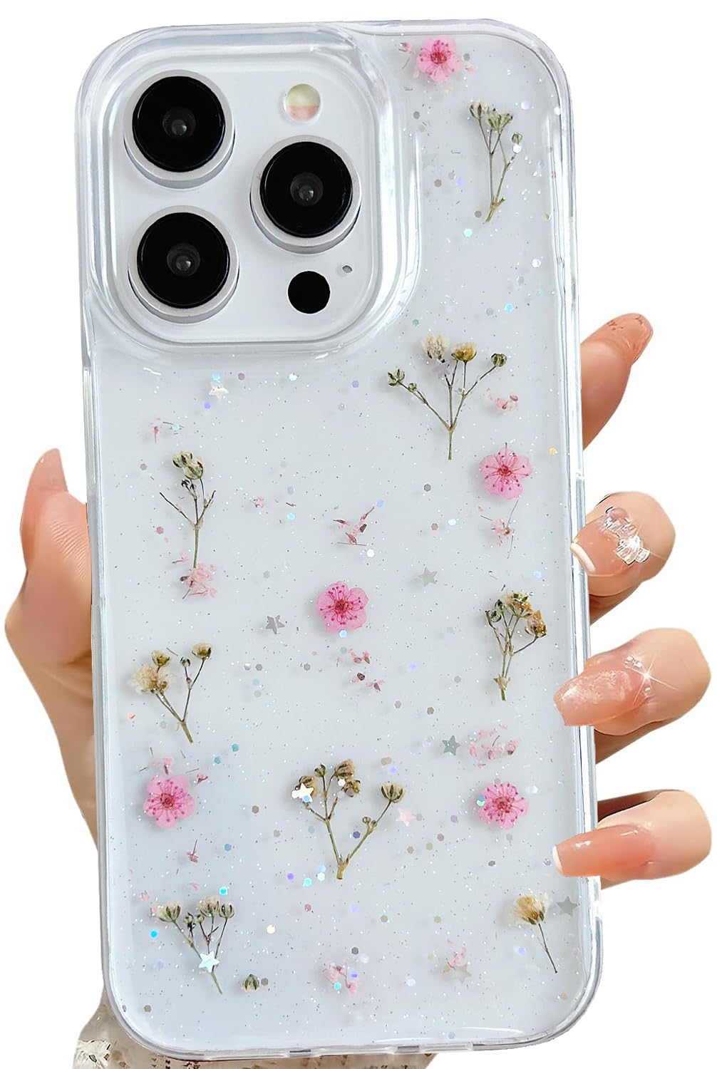 Lseeka For Iphone 15 Pro Clear Case With Pressed Real Flowers Design,Glitter Cute Pink Floral Pattern Slim Soft Tpu Protective W