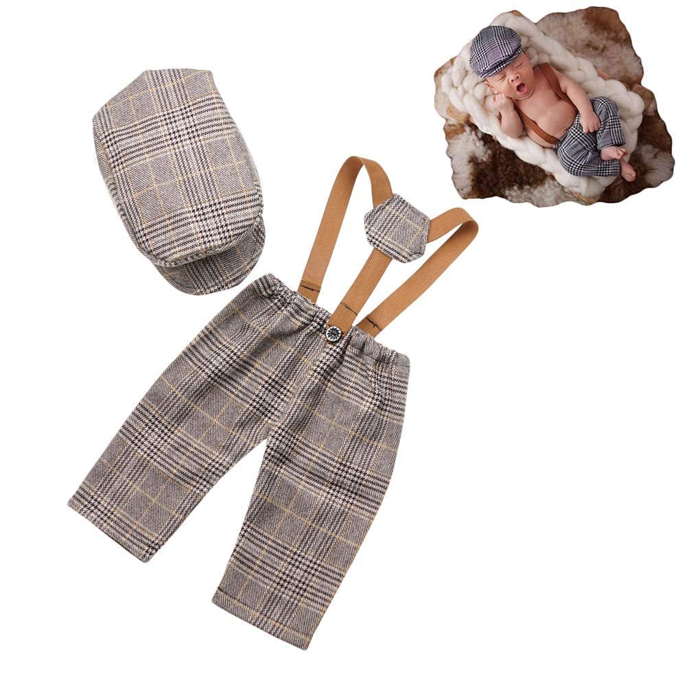 Coberllus Newborn Monthly Baby Photo Props Stripe Cool Boys Cap Rompers Photography (Brown)