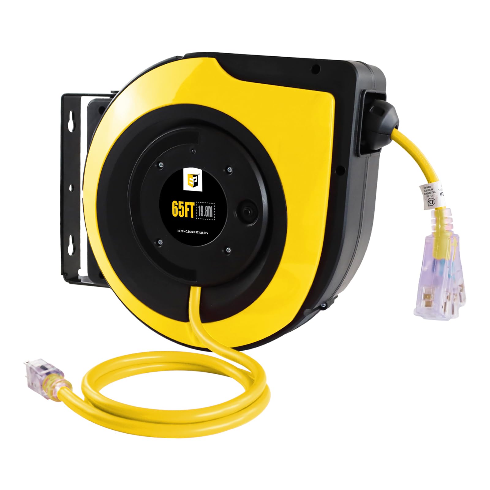 Ep Retractable Extension Cord Reel,65 Feet 12 Awg/3C Sjtow Heavy Duty Power Cord,15 Amp Circuit Breaker, 3 Lighted Triple Outlet