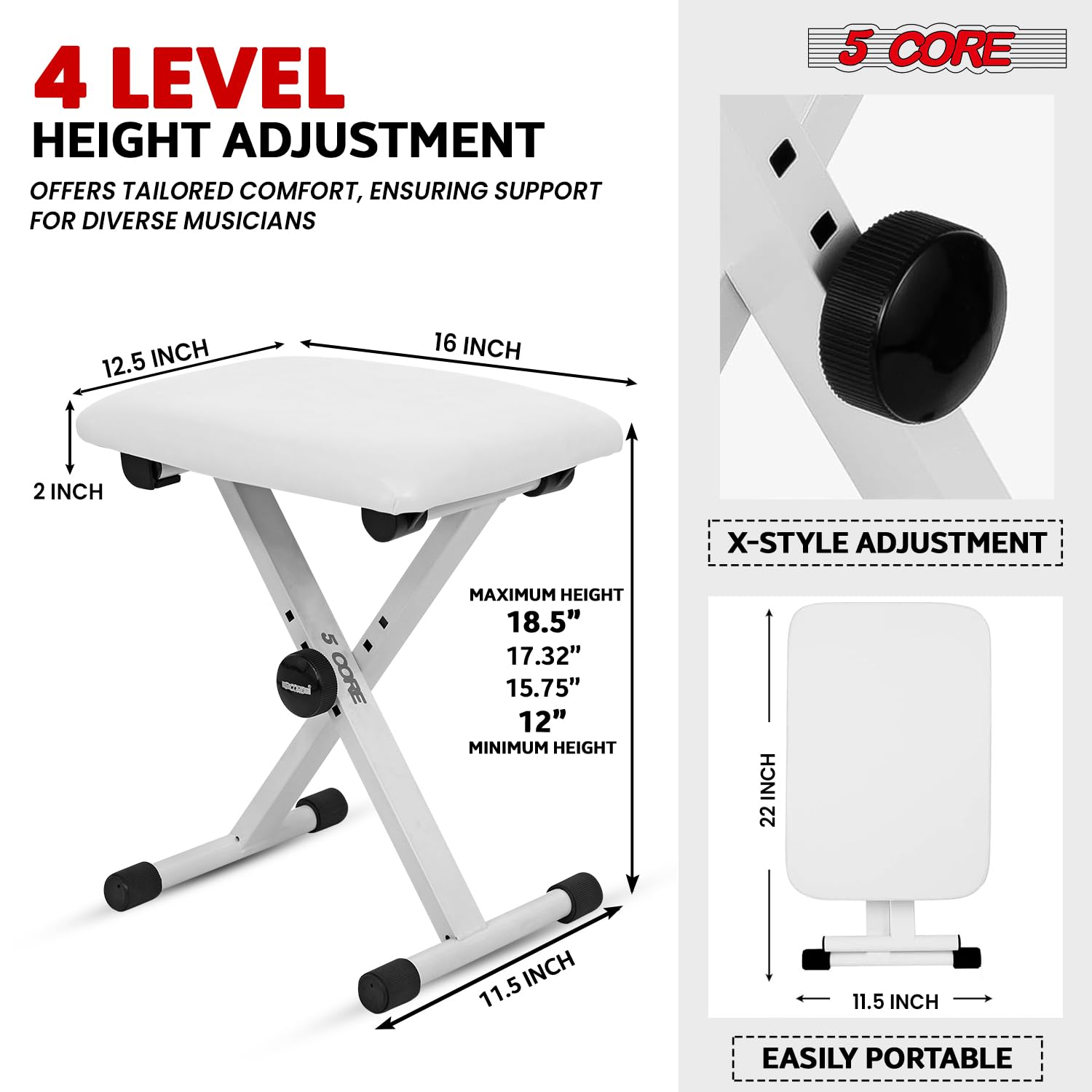 5Core Portable Piano Keyboard Music X Style Adjustable Padded Stool Chair Seat Bench White Kbb 02 Wh(D0102H73Rcx)