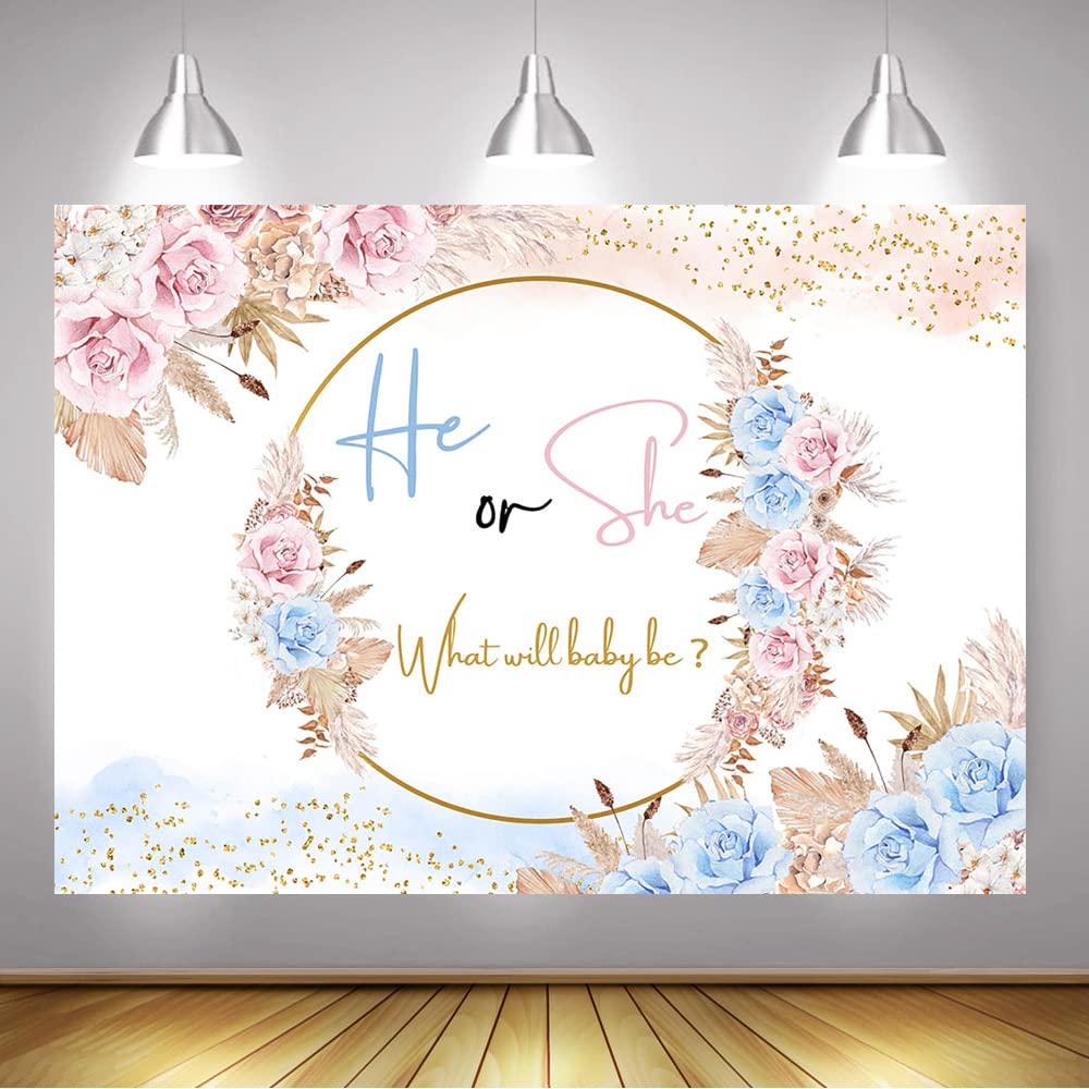 Mocsicka Boho Gender Reveal Backdrop Pink Or Blue Pampas Grass Gender Reveal Party Decoration Bohemian He Or She Baby Shower Cak