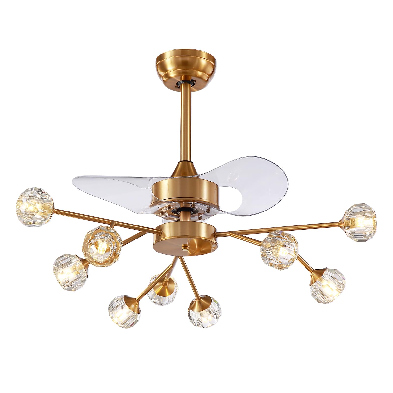 Siljoy 9-Light Farmhouse Sputnik Crystal Ceiling Fan with Light and Remote, Brass Gold Fandelier with Quiet Reversible Motor, 6 