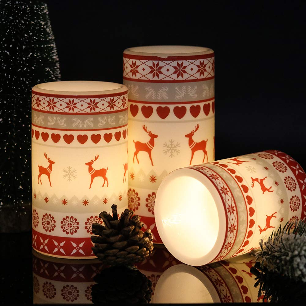 Genswin Flameless Flickering Led Candles Battery Operated With 6 Hours Timer, Real Wax Pillar Candles Warm Light Love Deer Decal