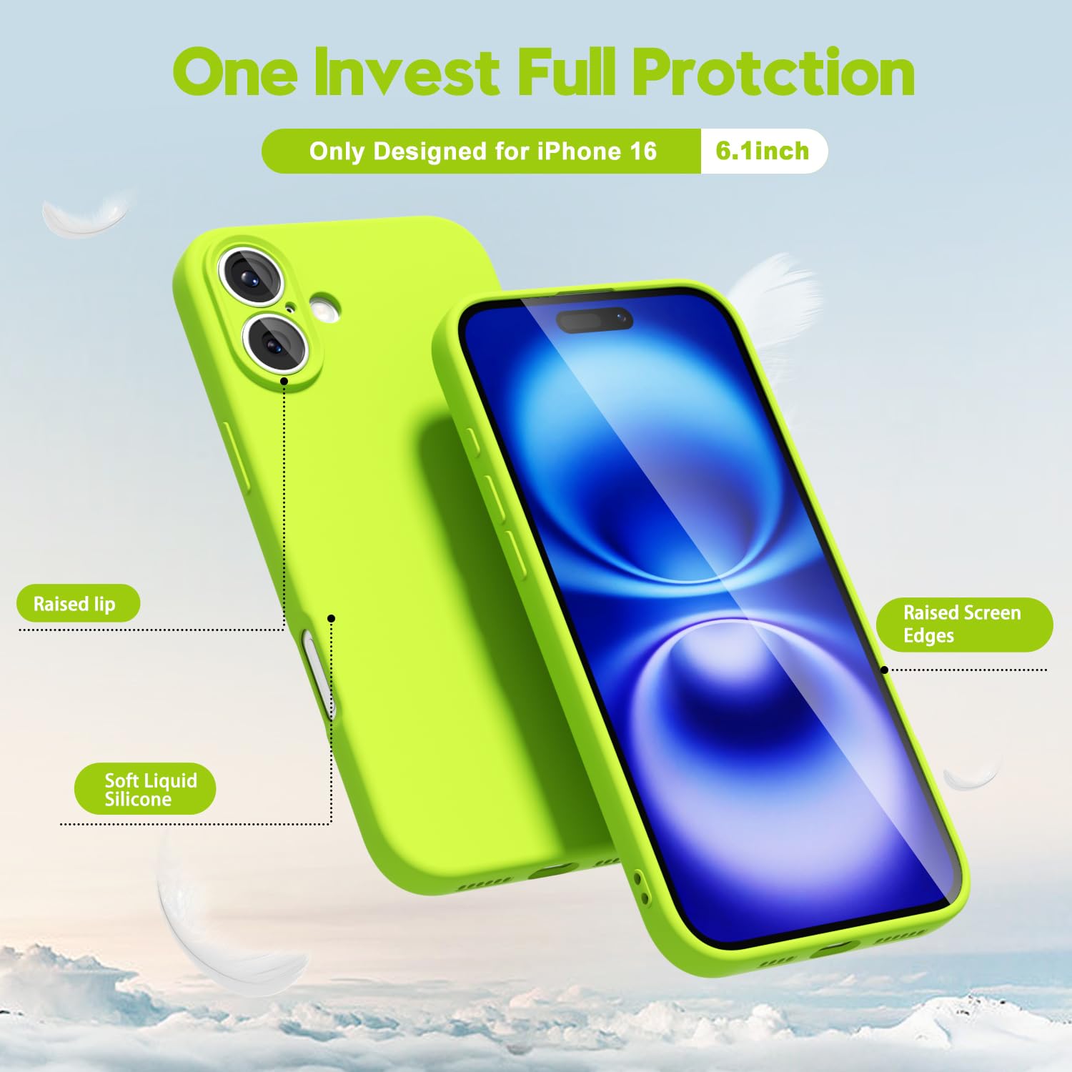 Oakxco For Iphone 16 Phone Case Liquid Silicone, Neon Bright Solid Color, Thin Slim Soft Rubber Gel Matte Tpu Plain Simple Prote