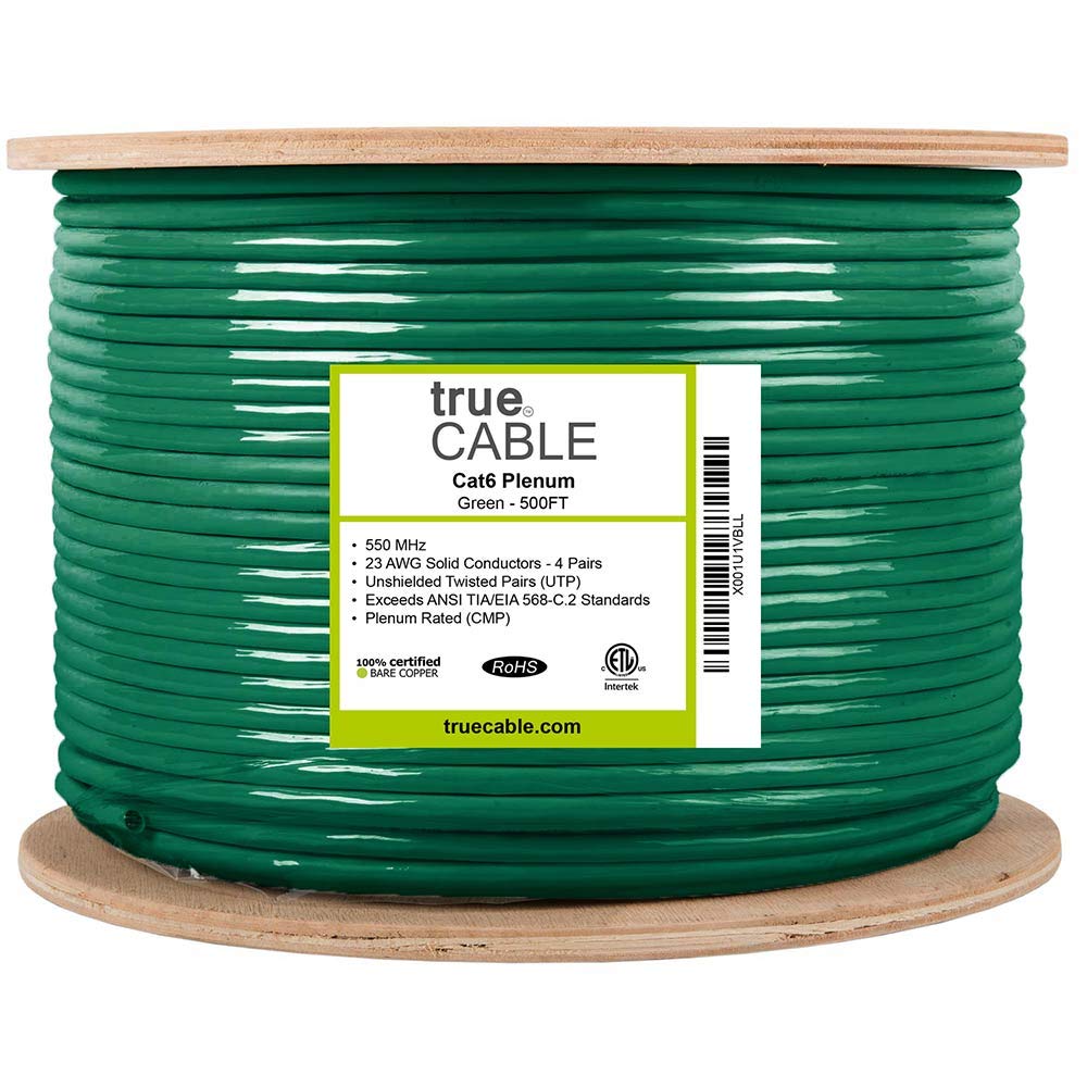 Truecable Cat6 Plenum (Cmp), 500Ft, Green, 23Awg 4 Pair Solid Bare Copper, 550Mhz, Poe++ (4Ppoe), Etl Listed, Unshielded Twisted Pair (Utp), Bulk Ethernet Cable
