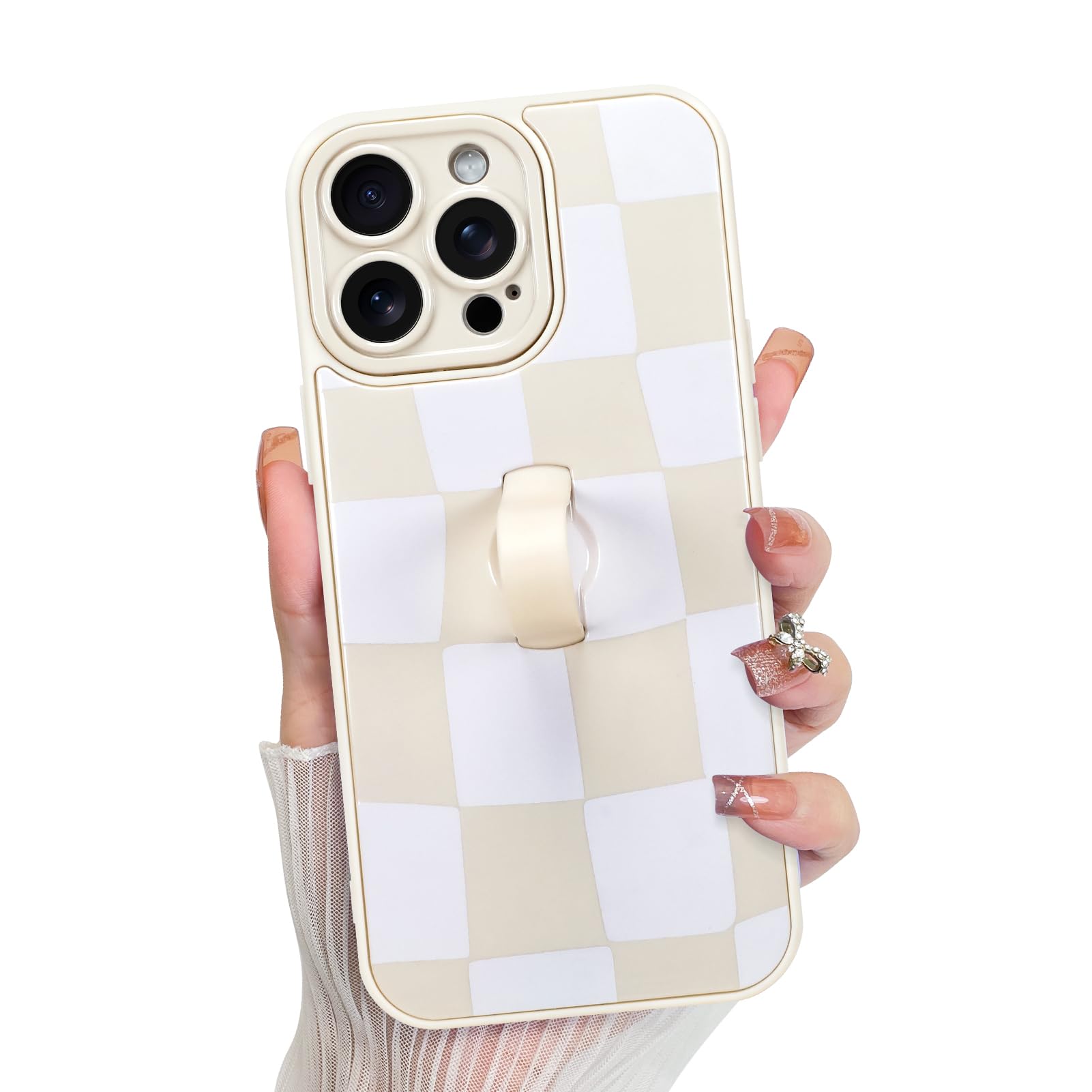 KANGHAR Compatible with iPhone 13 Pro Max Case, Silicone Checkered Cute Pattern, Wristband Kickstand Camera Protection Soft Slim