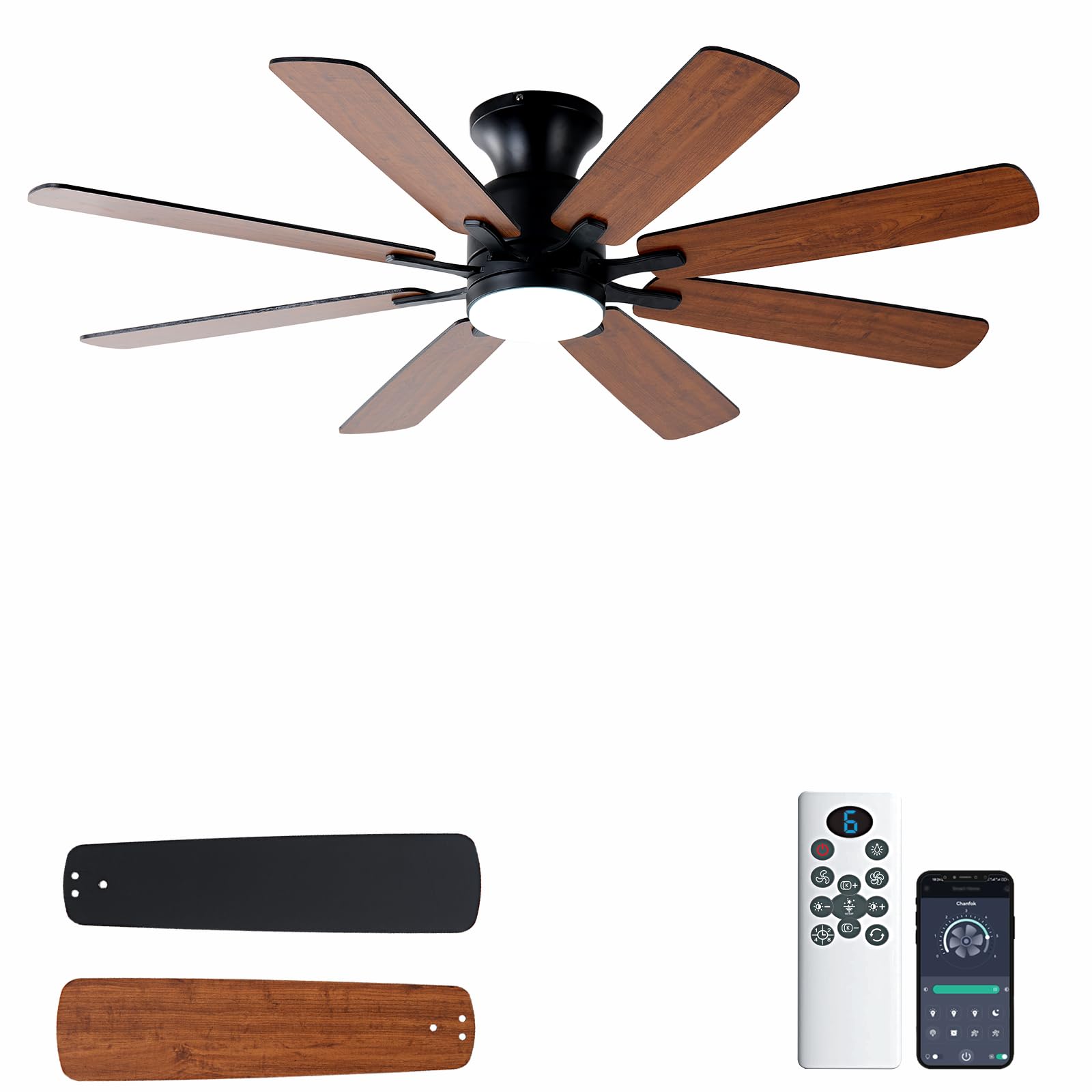 KNUN 52 Inch Ceiling Fan with Light, Low Profile Ceiling Fan with Remote and APP Control, 8 Blades, Noiseless, DC Motor, Flush M