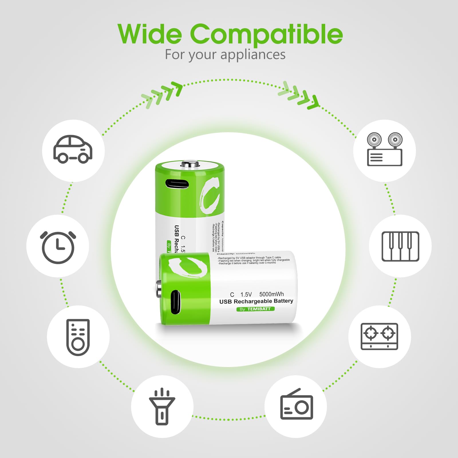 Temibatt Rechargeable C Batteries 8 Pack With 4 In 1 Usb-C Charge Cable,Lr14 1.5V 5000Mwh Li-Ion C Batteries Replacement For Flo