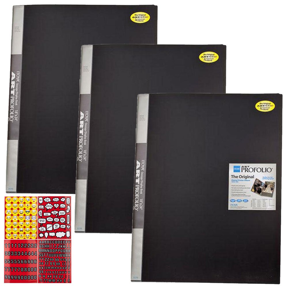 ITOYA 18 inch x 24 inch Original Art Profolio Presentation Book/Portfolio- for Art, Photography, and Documents - Pack of 3 + Scrapbooking Stickers 4 Pages of Emojis, Quotes, Letters, Numbers