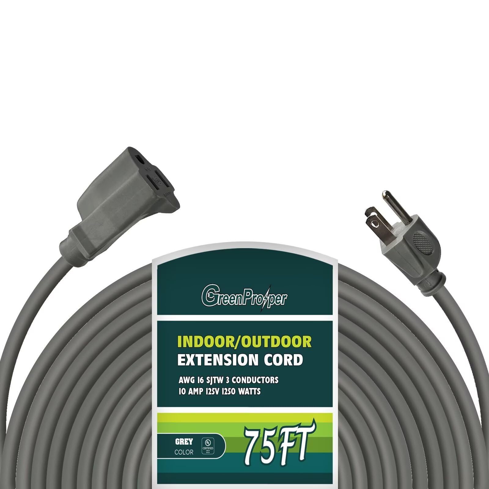 Greenprosper 75 Ft Indoor Outdoor Grey Extension Cord, 16 Gauge Waterproof Electrical Power Cable, 16/3 Sjtw 3 Prong Grounded Pl