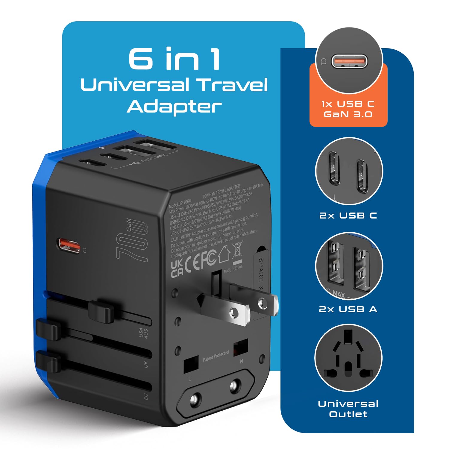 Ceptics 70W World International Travel Plug Adapter   Powerful Gan Tech With Pd & Qc 3.0 Dual 3X Usb C Power   2 Usb Ports Wall Charger Type I C G A Outlets 110V 220V A/C   Eu Euro Us Uk (70 Ku)