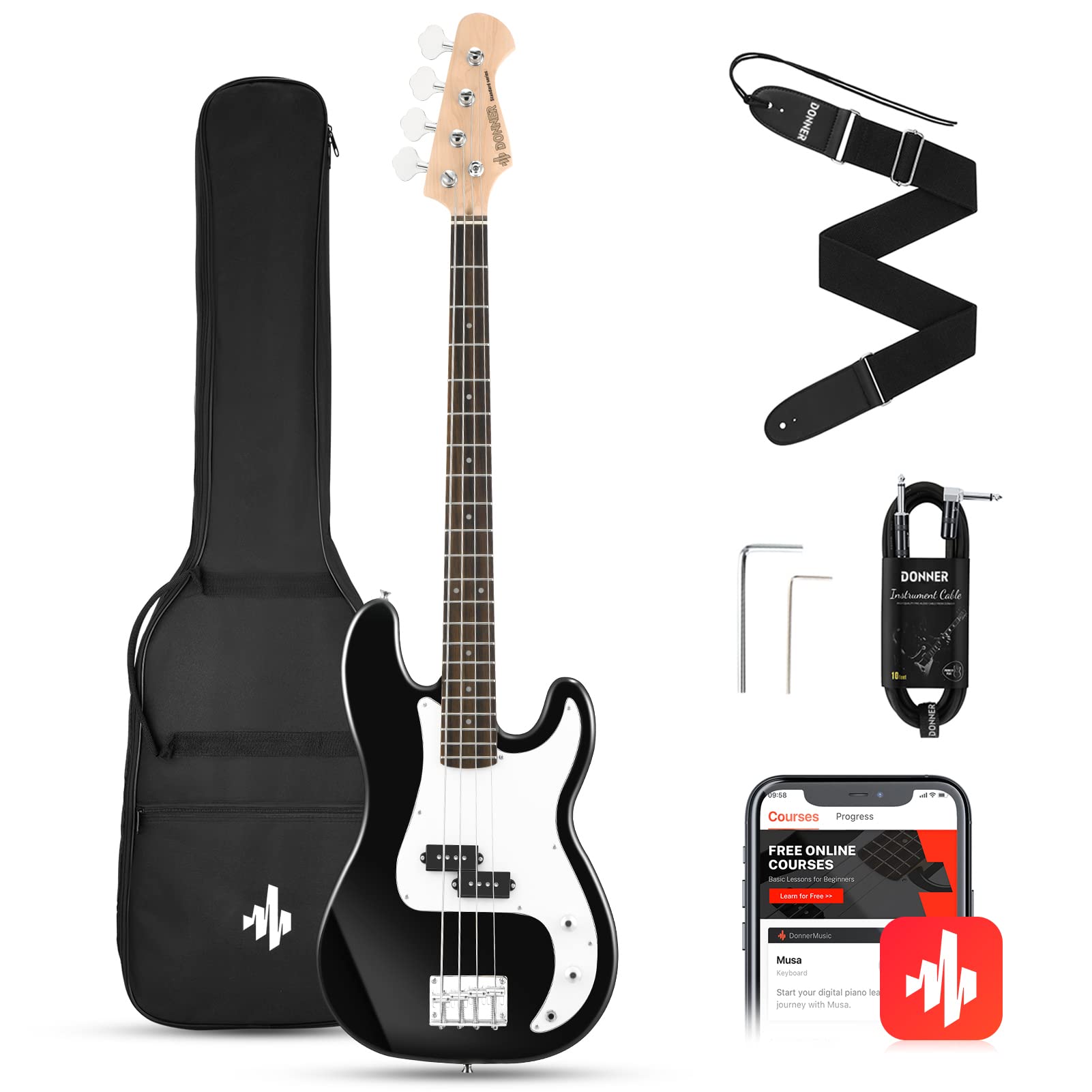 Donner Electric Bass Guitar 4 Strings Full Size Standard Bass Pb Style Beginner Kit Black For Starter With Free Online Lesson Gi