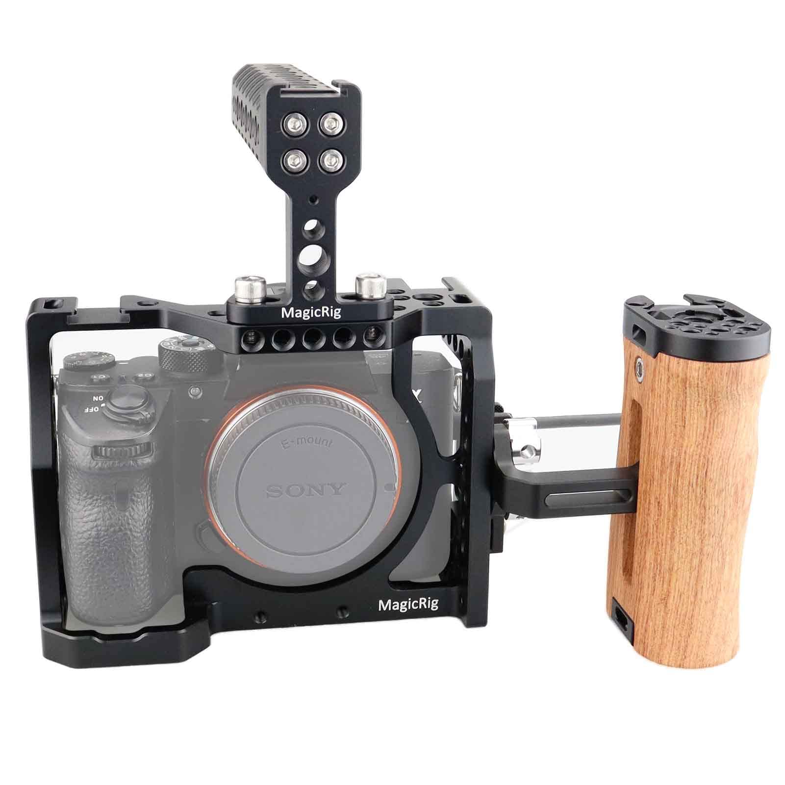 Magicrig Camera Cage Kit For Sony A7Iii Series,With Top Handle Grip Wooden Side Handle Hdmi Cable Clamp Lock,Built In Cold Shoe