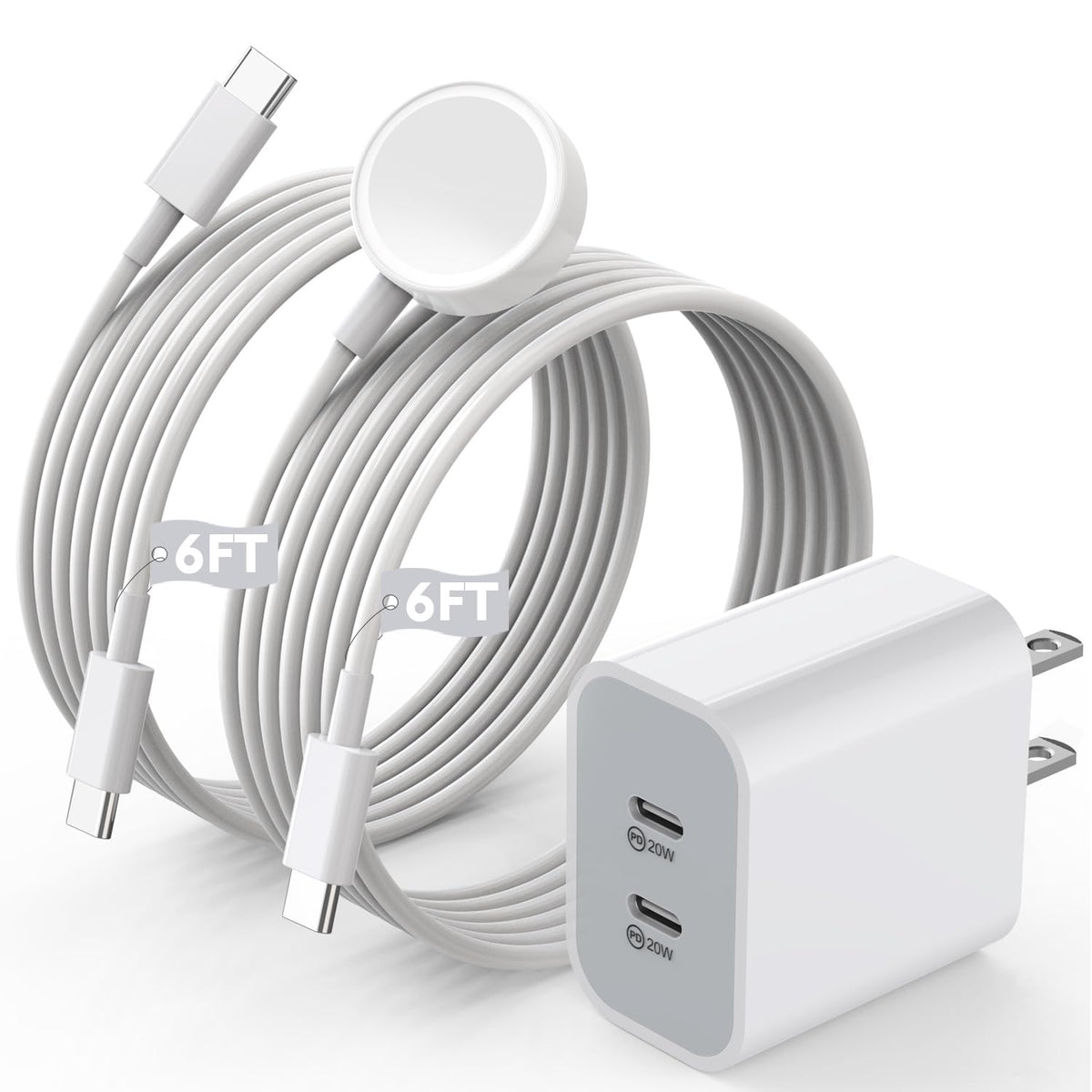 Super Fast Charger For Apple Watch & Iphone, 40W Dual Usb C Port Fast Charger Adapter With 6 Ft Long Apple Watch Cable, 6 Ft Usb