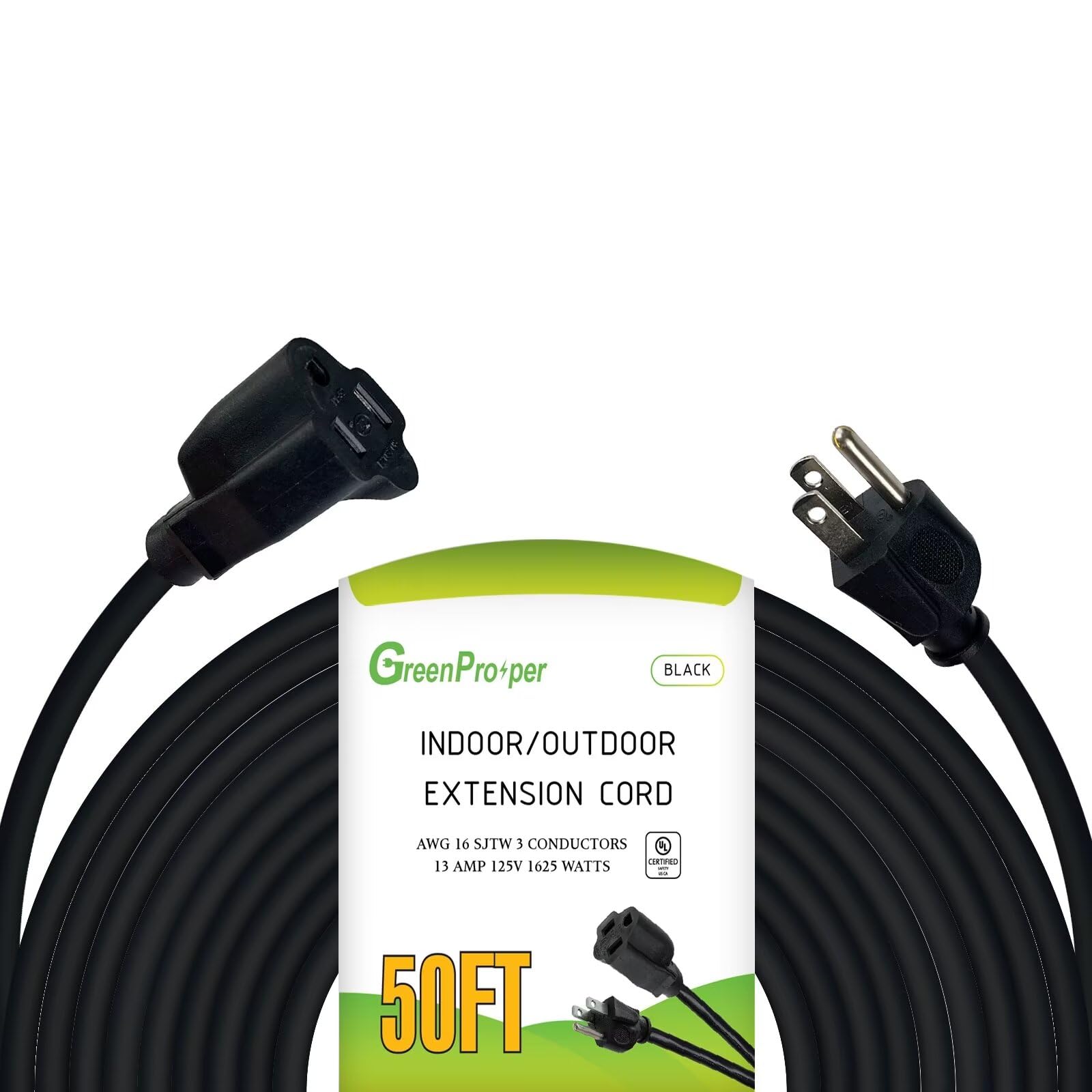 Greenprosper 50 Ft Indoor Outdoor Black Extension Cord, 16 Gauge Waterproof Electrical Power Cable, 16/3 Sjtw 3 Prong Grounded P