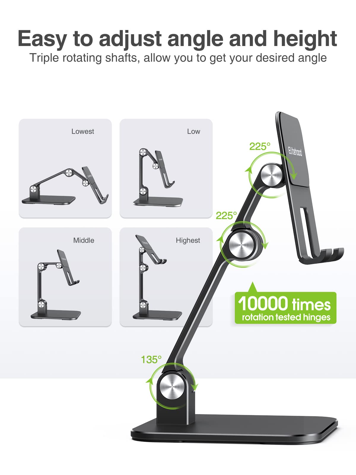 Elitehood Aluminum Ipad Stand For Desk [Ultra Stable & Sturdy], Height Adjustable Tablet Stand, Portable Tablet Holder Dock For Home Office, Compatible With Ipad Pro 12.9, Ipad Air Mini 6 5 4 3, Black