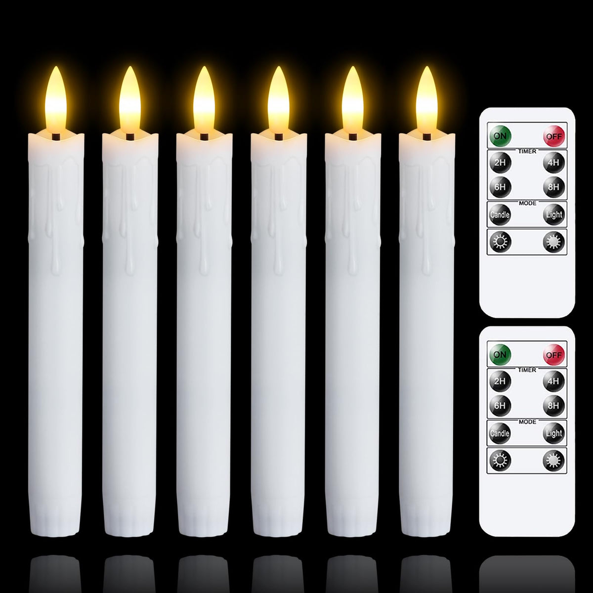 Mavandes Flameless Flickering Taper Candles Two Remote, 7.5 Inch White Battery Operated Led Window Candles Timer,Set Of 6 Plasti