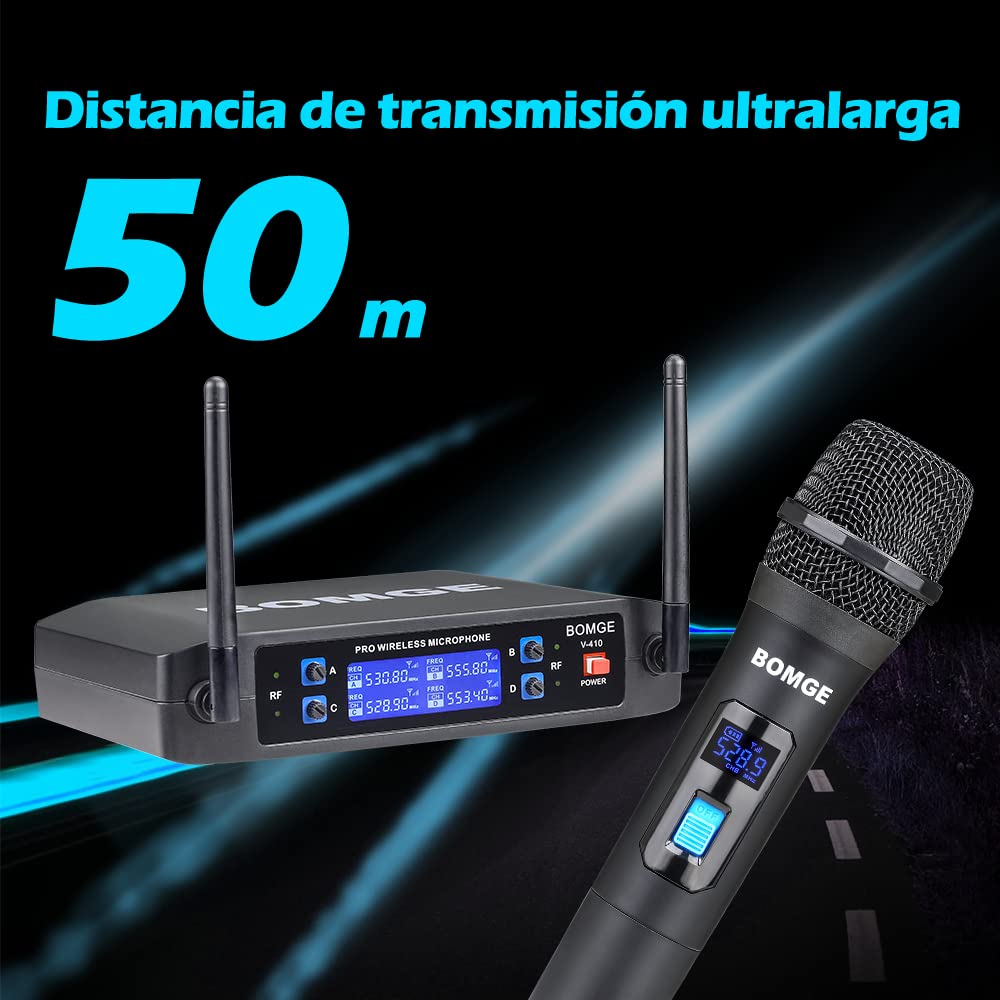 Wireless Microphone System, Bomge Pro 4 Channel Cordless Mic Set With Four Handheld Mics, Fixed Frequency, Long Range 200Ft, Ide