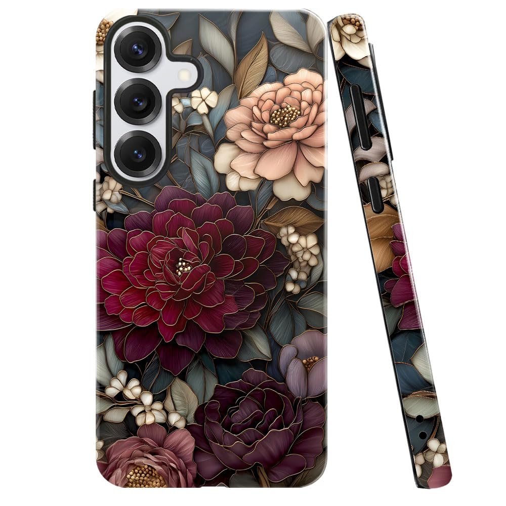 Case for Samsung Galaxy S25,Stained Glass Vintage Floral Phone Case Military-Grade Drop Protection Cover for Women Girl - Glossy