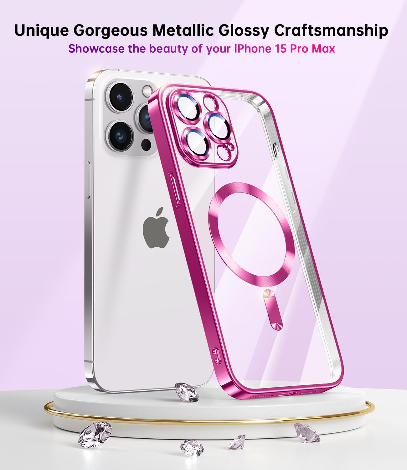 Waldeng For Iphone 15 Pro Max Case With Integrated Camera Lens Protection, [Seamless Work With Magsafe] [Metallic Glossy Soft Bu