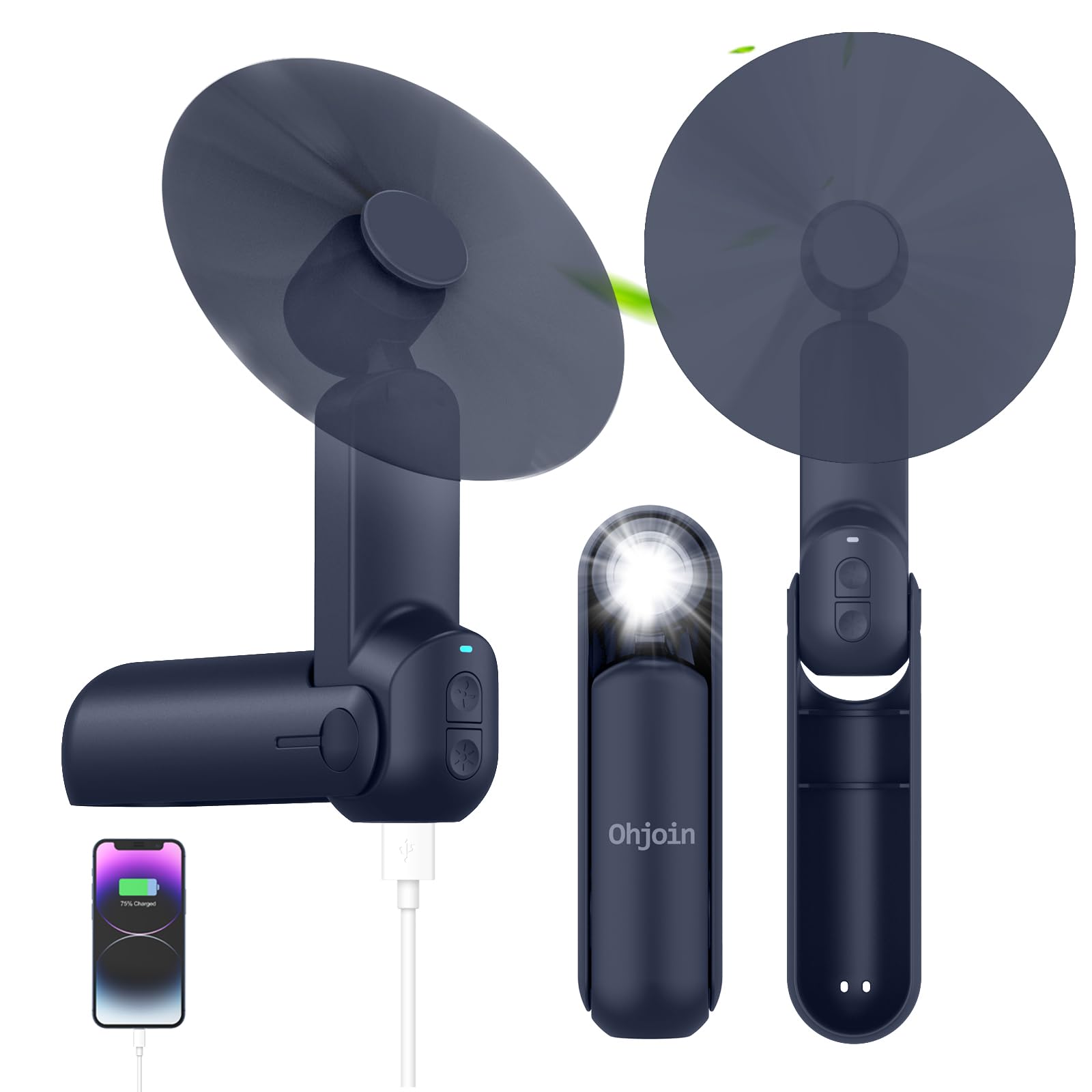 Ohjoin 4 In 1 Portable Handheld Fan,Personal Foldable Pocket Fan With Power Bank, Usb Rechargeable Hand Fan With Flashlight,Smal