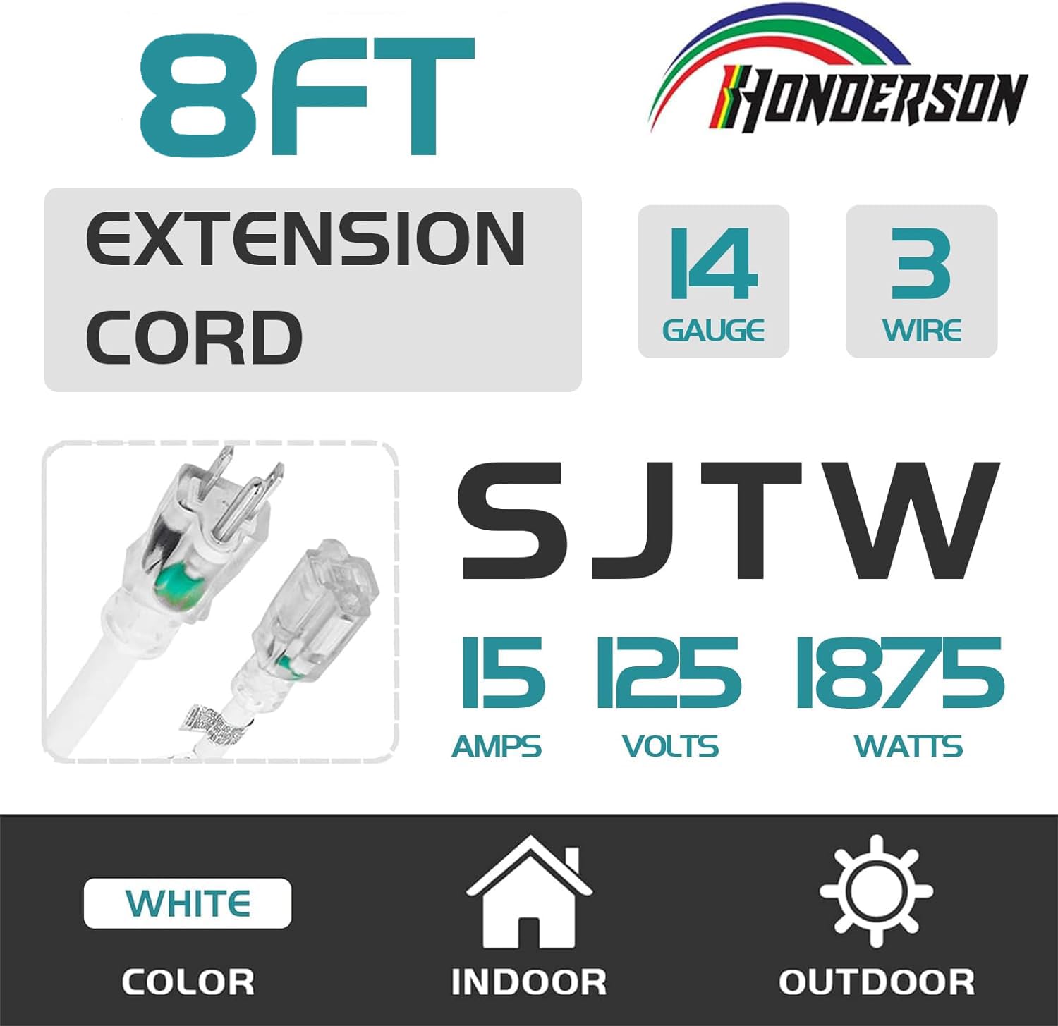 Honderson Indoor Outdoor Extension Cord Weatherproof With Lighted End, Ul Listed, 14 Gauge 8Ft White 3 Prong Heavy Duty Extensio