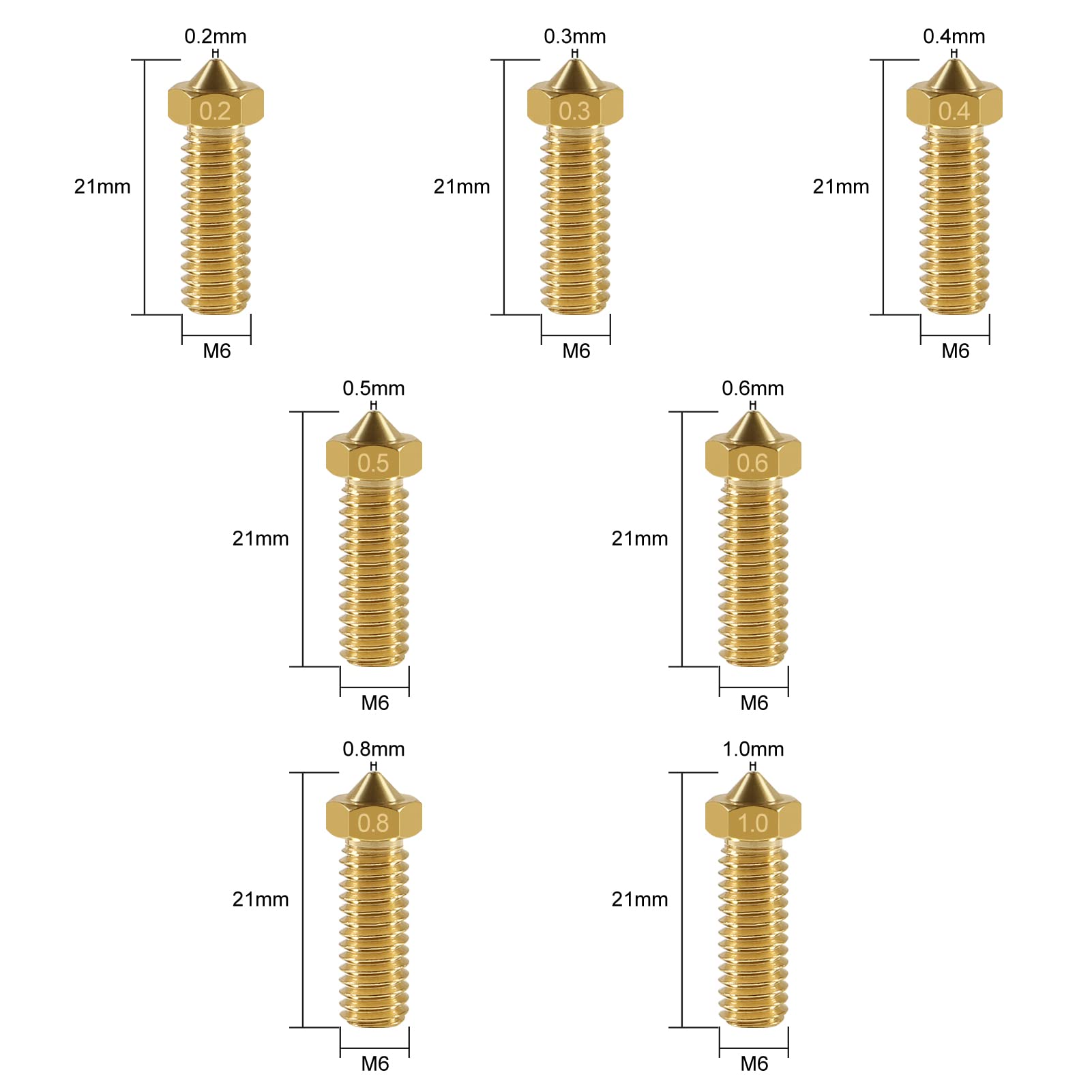 16Pcs 3D Brass Volcano Nozzle M6 Thread Nozzles 0.2Mm,0.3Mm,0.4Mm,0.5Mm,0.6Mm,0.8Mm,1.0Mm M6 Printed Head For 1.75Mm Filament 3D