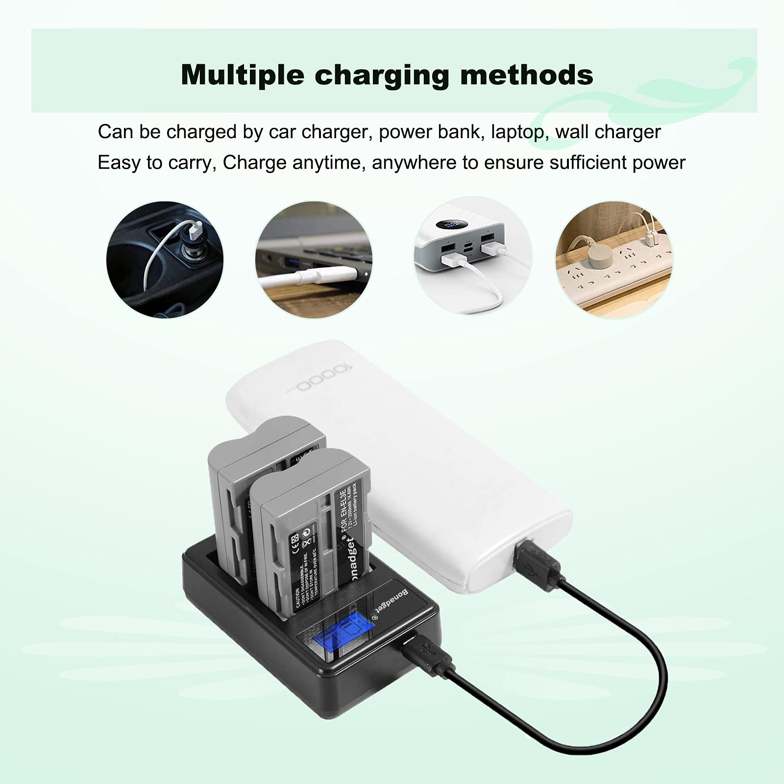 Bonadget 2 Pack 2000Mah En El3 En El3A Replacement Battery And Lcd Dual Charger Compatible With Nikon D700 D90 D300S D300 D200 D