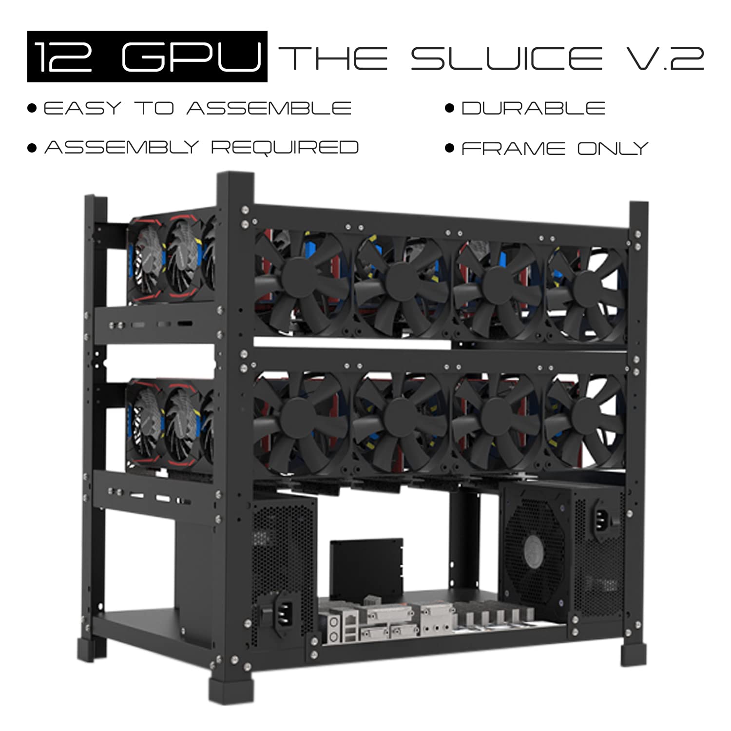 Aaawave The Sluice V2 12Gpu Stackable Open Frame Mining Rig Frame Chassis For Crypto Currency (Black)