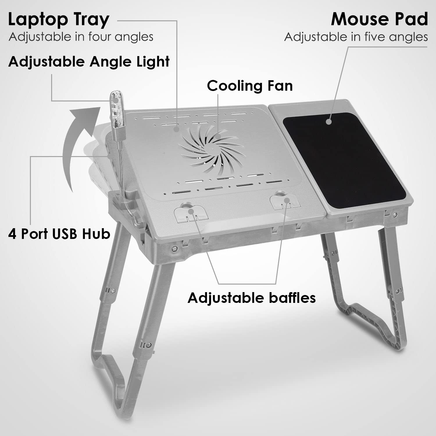 Laptop Stand With Cooling Fan And Mouse Pad,Adjustable Lap Desk For Laptop With Light,Foldable Laptop Table, Lap Stand Bed Tray Desk W/ 4 Usb Port For Bed Couch Sofa Floor (Grey)